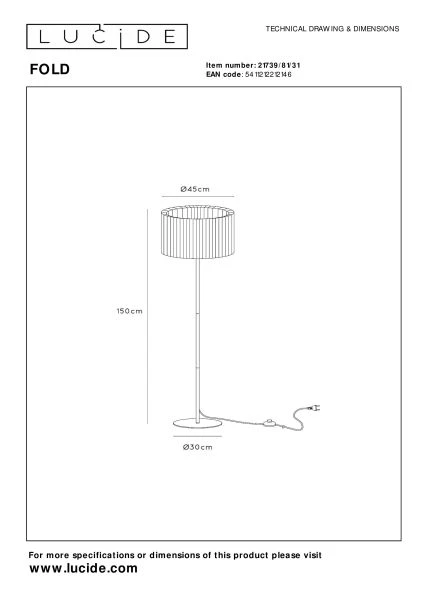 Lucide FOLD - Vloerlamp - Ø 45 cm - 1xE27 - Wit - technisch